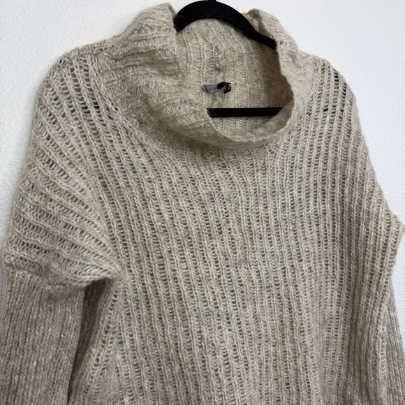 Eileen Fisher Open‎ Knit Mohair Turtleneck Mock Neck Hi Low Oatmeal Sweater Sz L - Picture 6 of 16